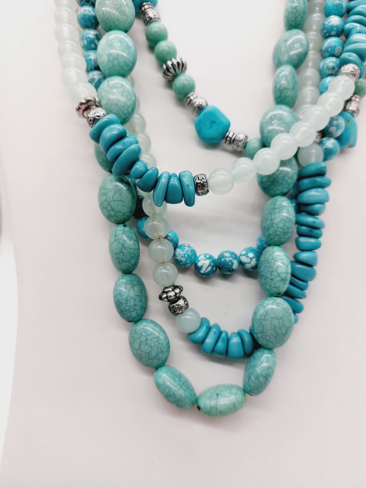Necklace Blue Aquatic Bib Choker Turquoise Silver Tone Beads Multi Strand