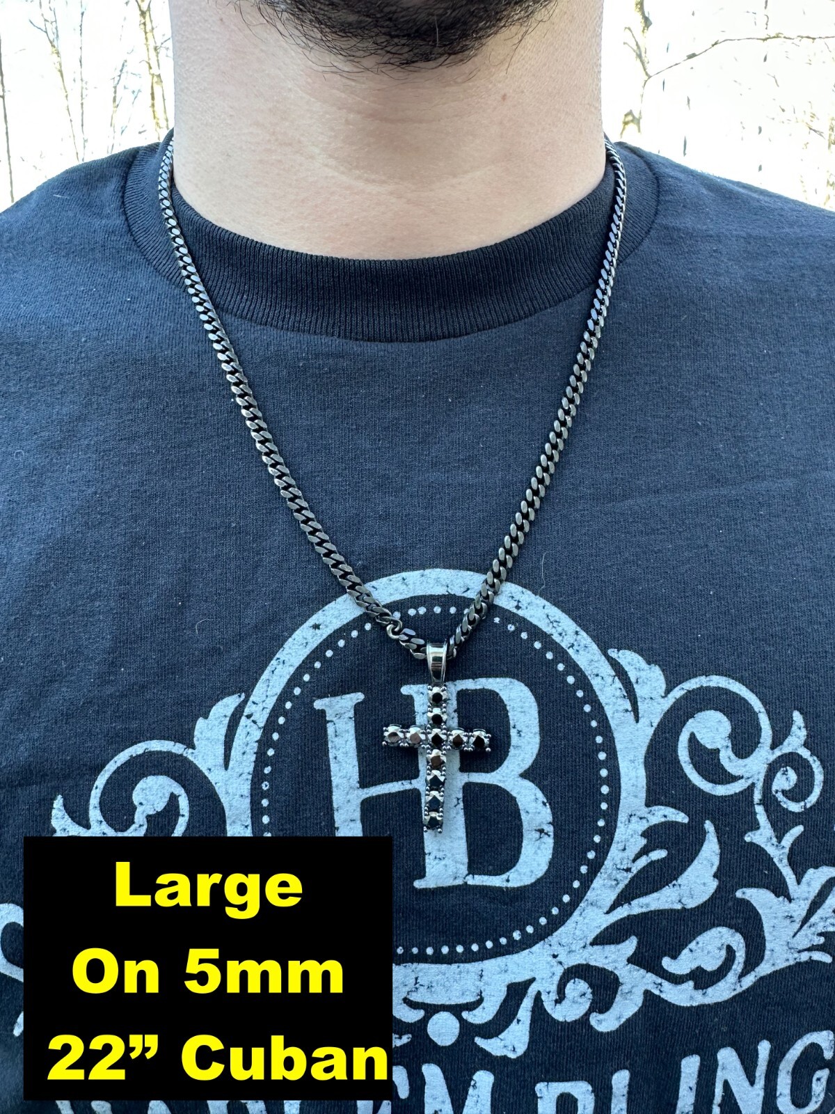 Black MOISSANITE Real Oxidized Rhodium 925 Silver Cross Iced Pendant Necklace