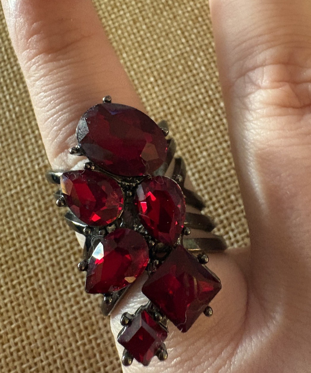 Red Rhinestone Statement Ring Black Tone Multi Stone Cluster Size 10 Gothic