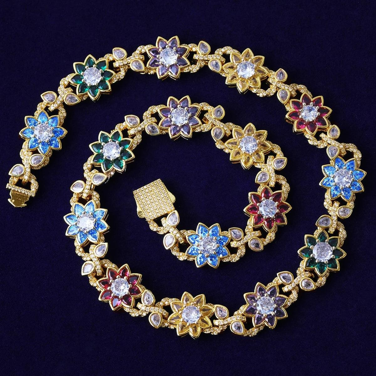 Flower Burst | VVS Diamond CZ 5A+ Colorful Iced Blinged Out Flower Link Necklace