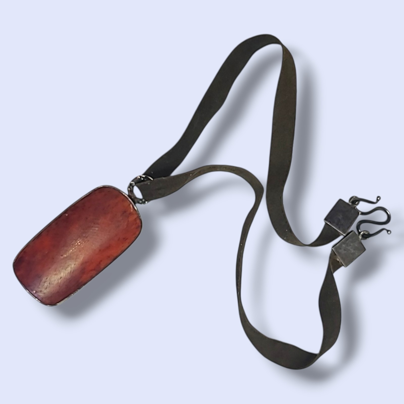 JLR Sterling Silver 925 Pendant Necklace 16″ Dark Olive Leather Carved Inlay