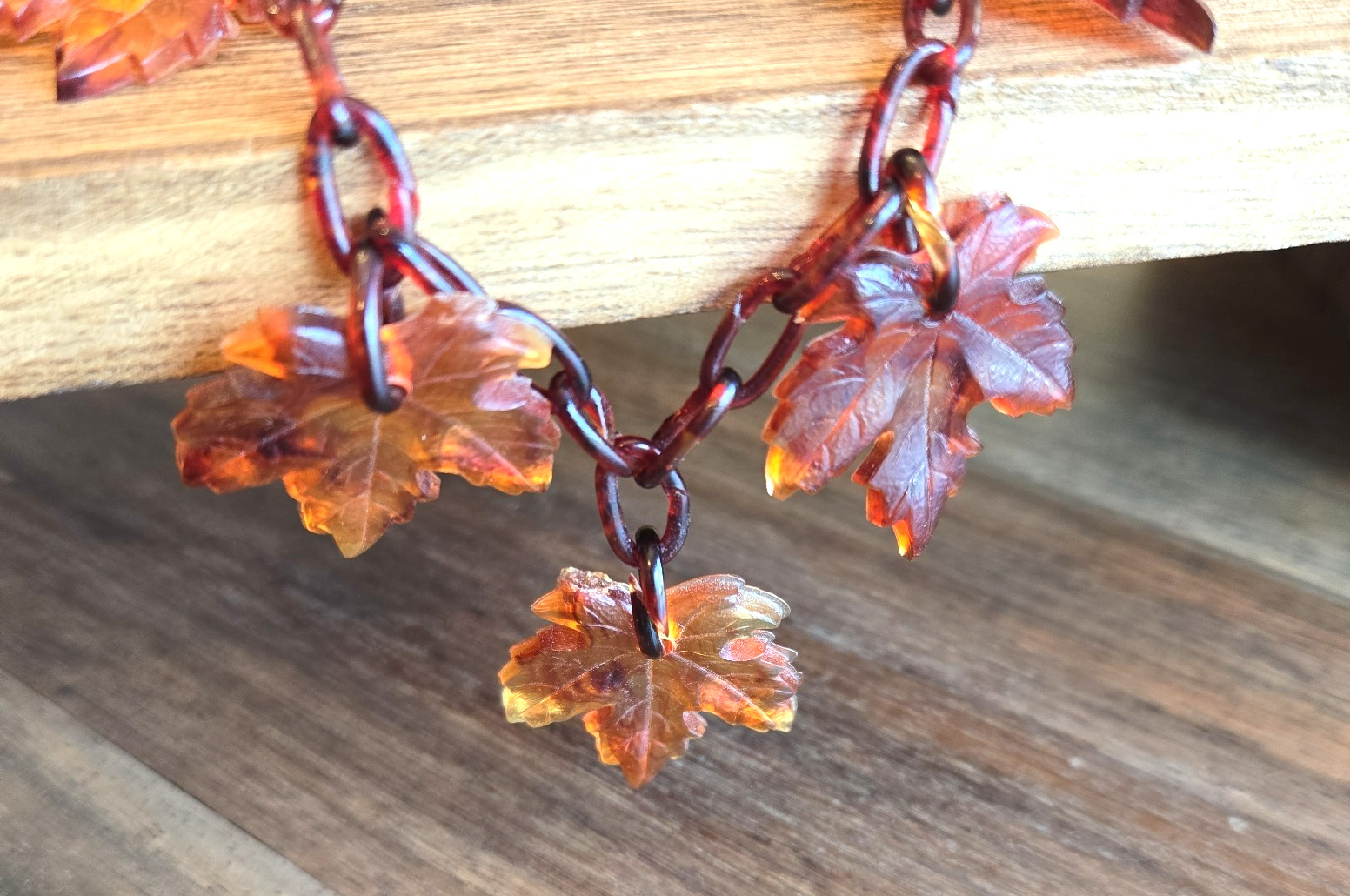 Vintage Translucent Celluloid Dangling Maple Leaves Necklace Brass Brown Marbled