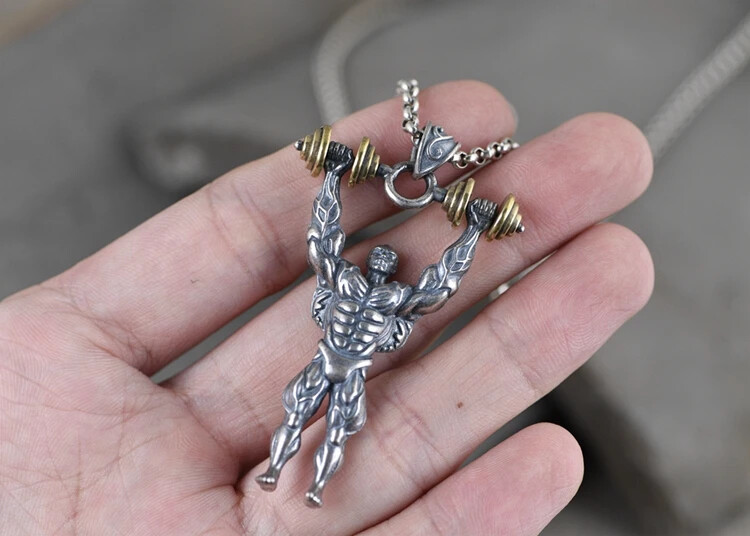 Real 925 Sterling Silver Retro Fitness Master Hip Hop Rock Pendant Men Jewelry