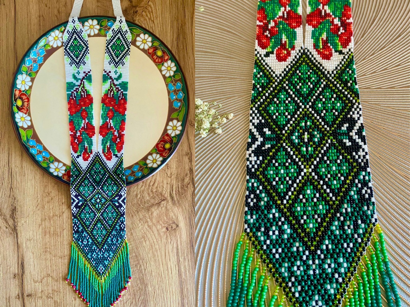 Ukrainian Handmade Beaded Gerdan Necklace Green Folk Boho Jewelry Gift Her