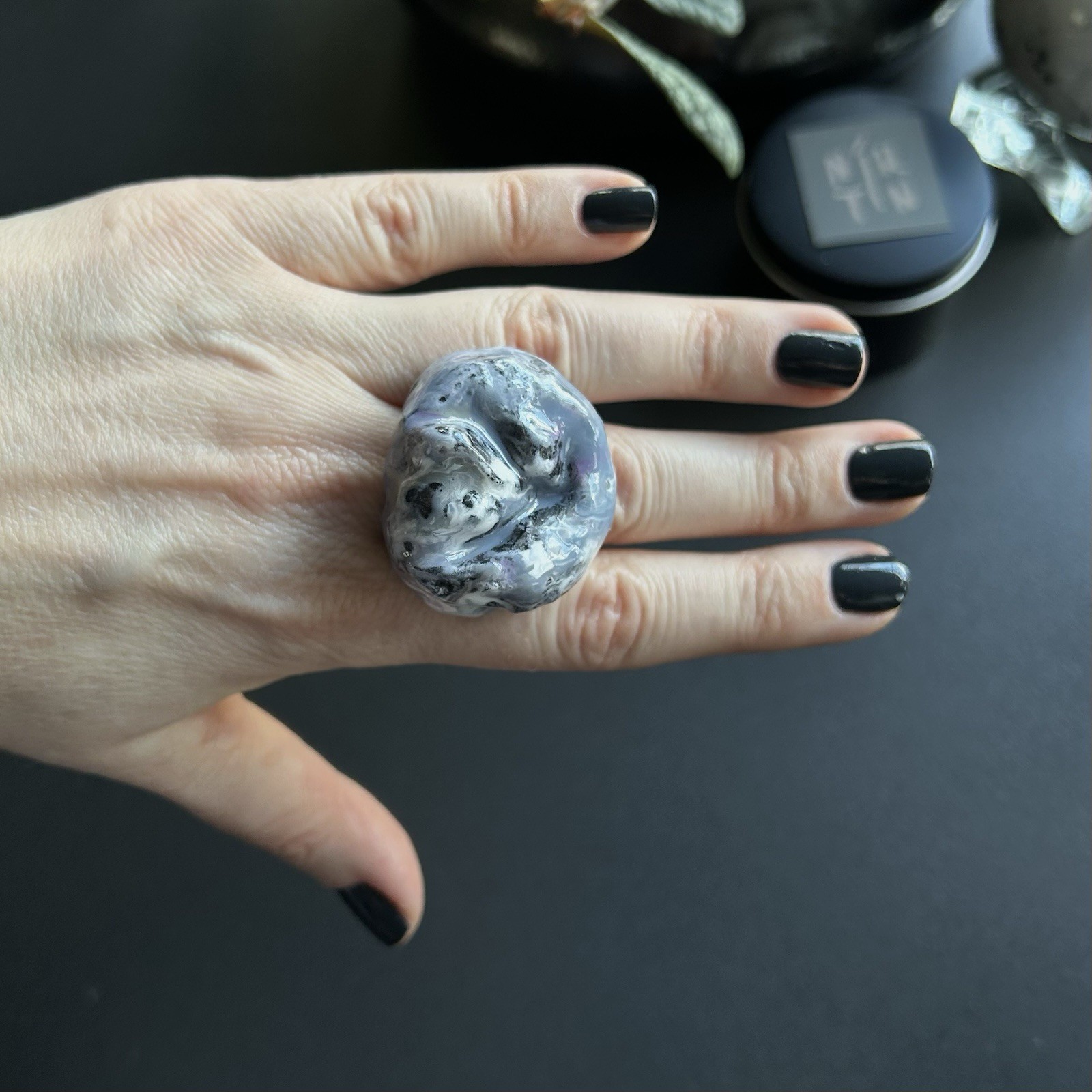 Handcrafted Statement Ring Chunky Resin Black Gray White Asymmetrical Art