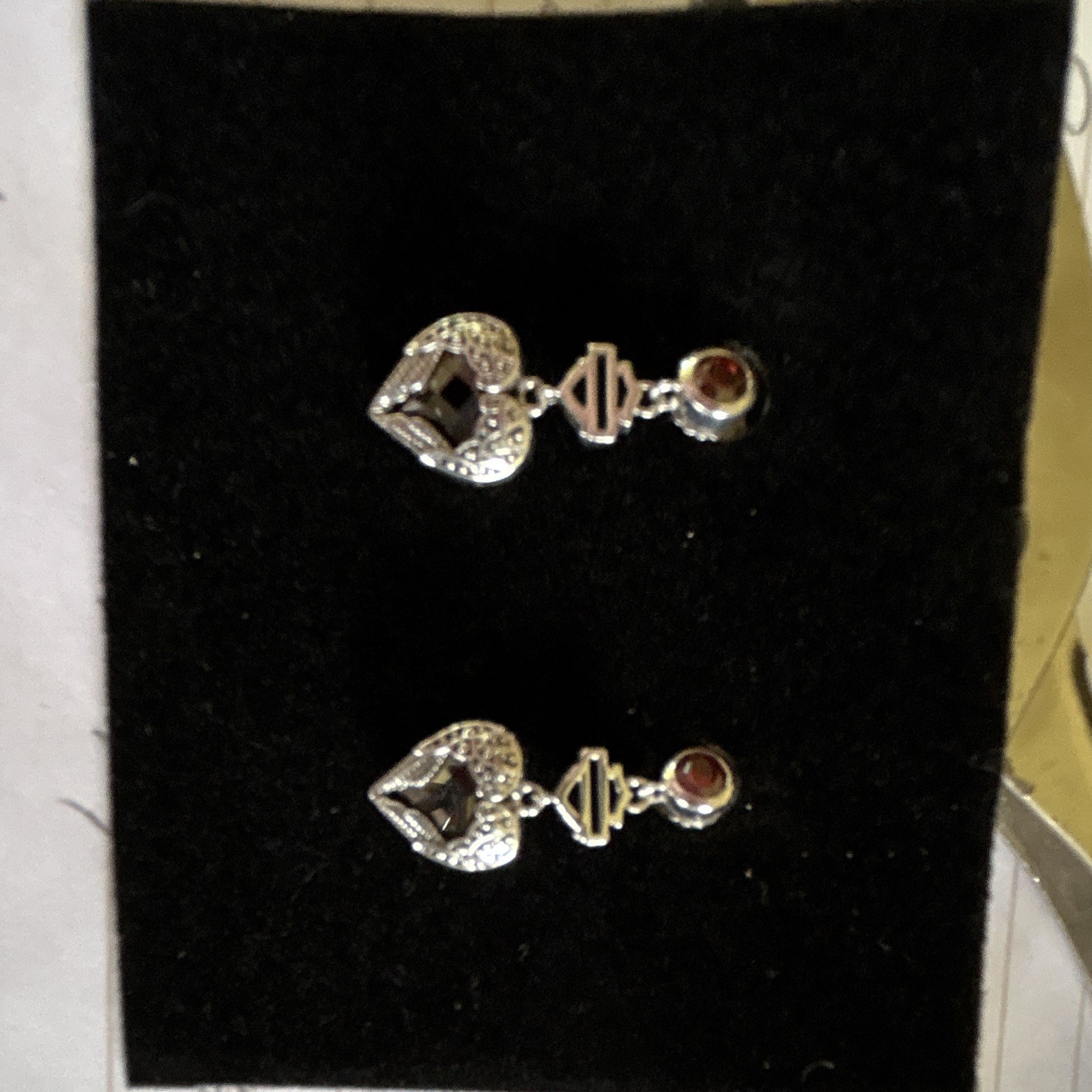 Harley Davidson Heart Dangle Drop Earrings with Bar Logo