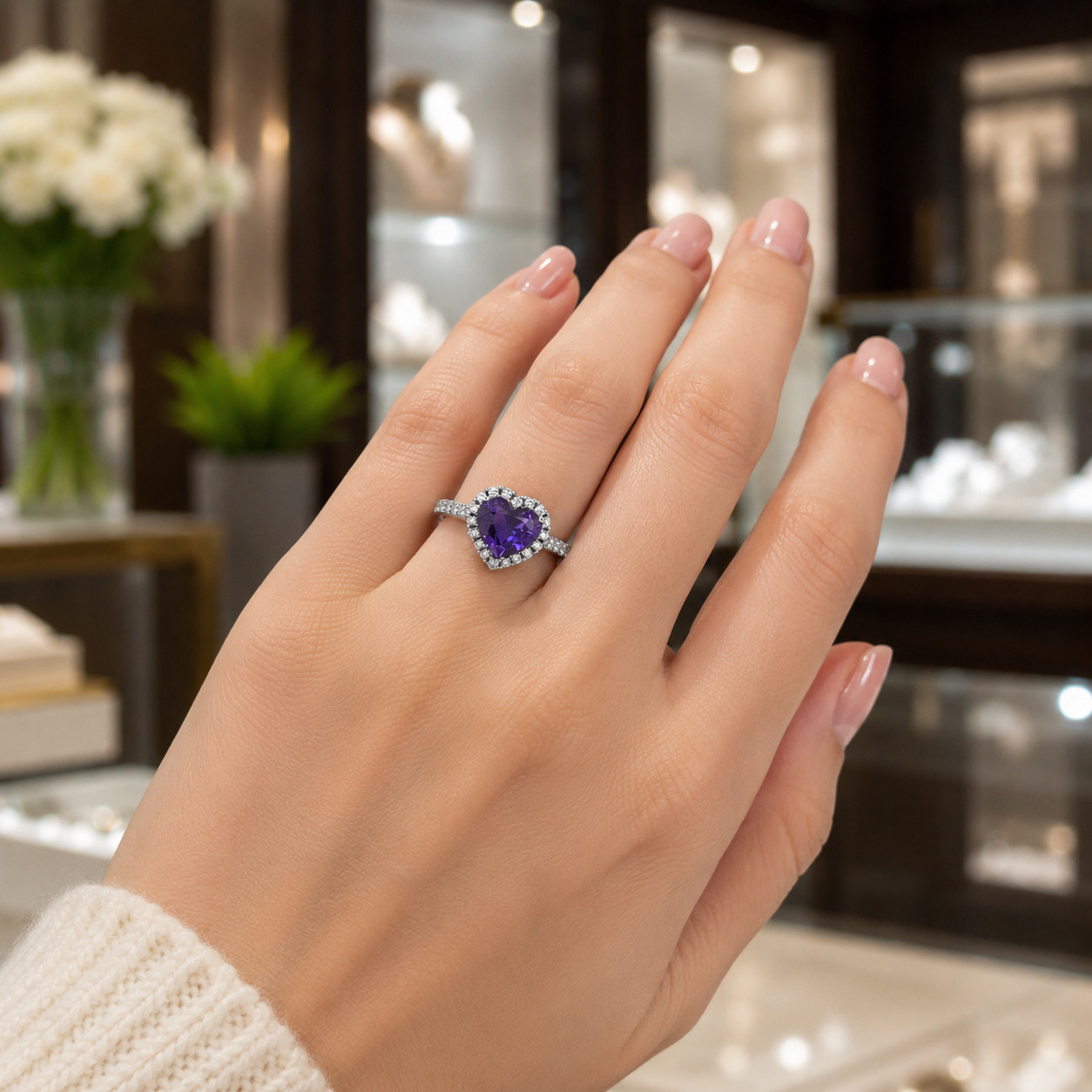 Natural Amethyst & Diamond Wedding Gift Ring 14k White Gold Sz 7 (Import Free)