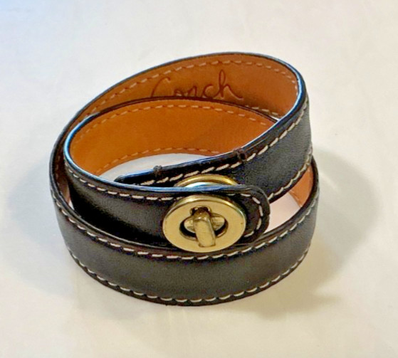 Coach Leather Double Wrap Bracelet w/ Gold-tone Turn-lock Contrast Stitching 15”