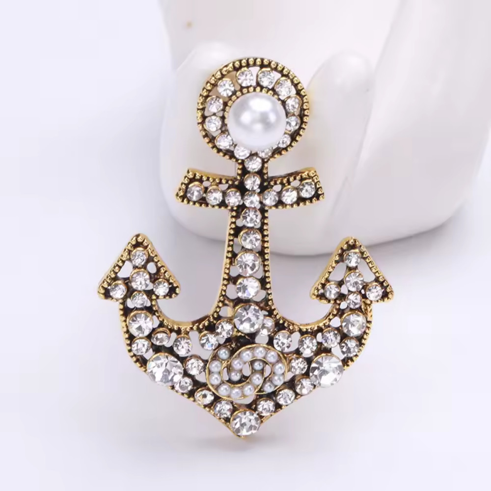 Nautical Anchor Brooch Crystal Pearl Rhinestone Ocean Pin Gold Sea Jewelry Gift