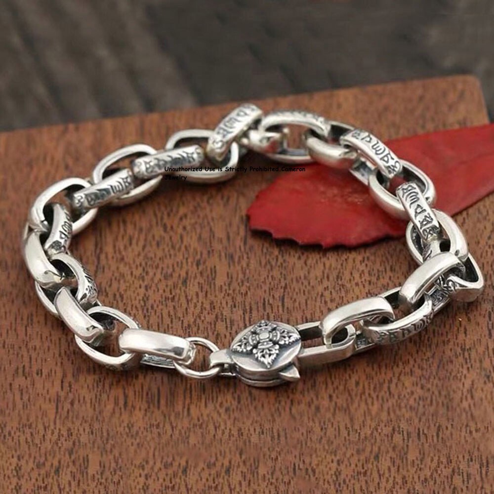 Pure S925 Sterling Silver Chain 8mm Six Words Sutra Square Rolo Link Bracelet