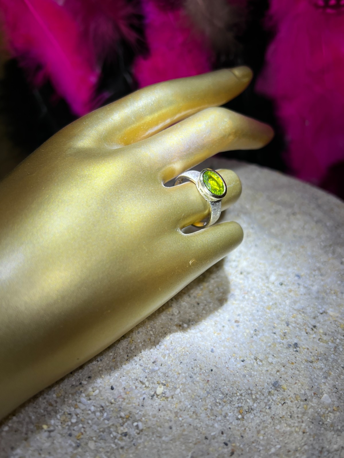 Green Tourmaline Sterling Silver Ring With 18K Gold Vermeil Setting