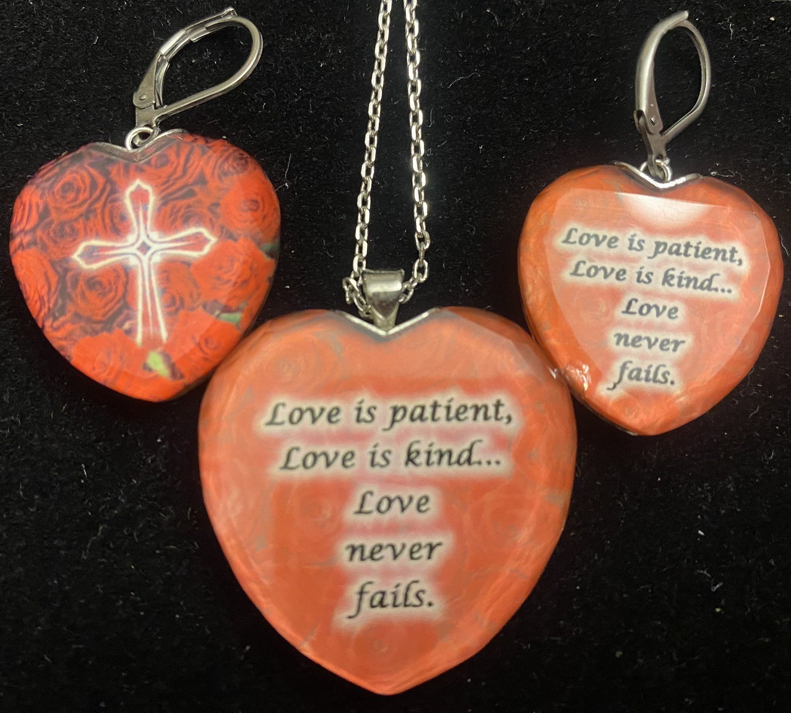 LOVE IS PATIENT KIND ACRYLIC CHRISTIAN HEART NECKLACE EARRINGS RELIGIOUS 17”-19”