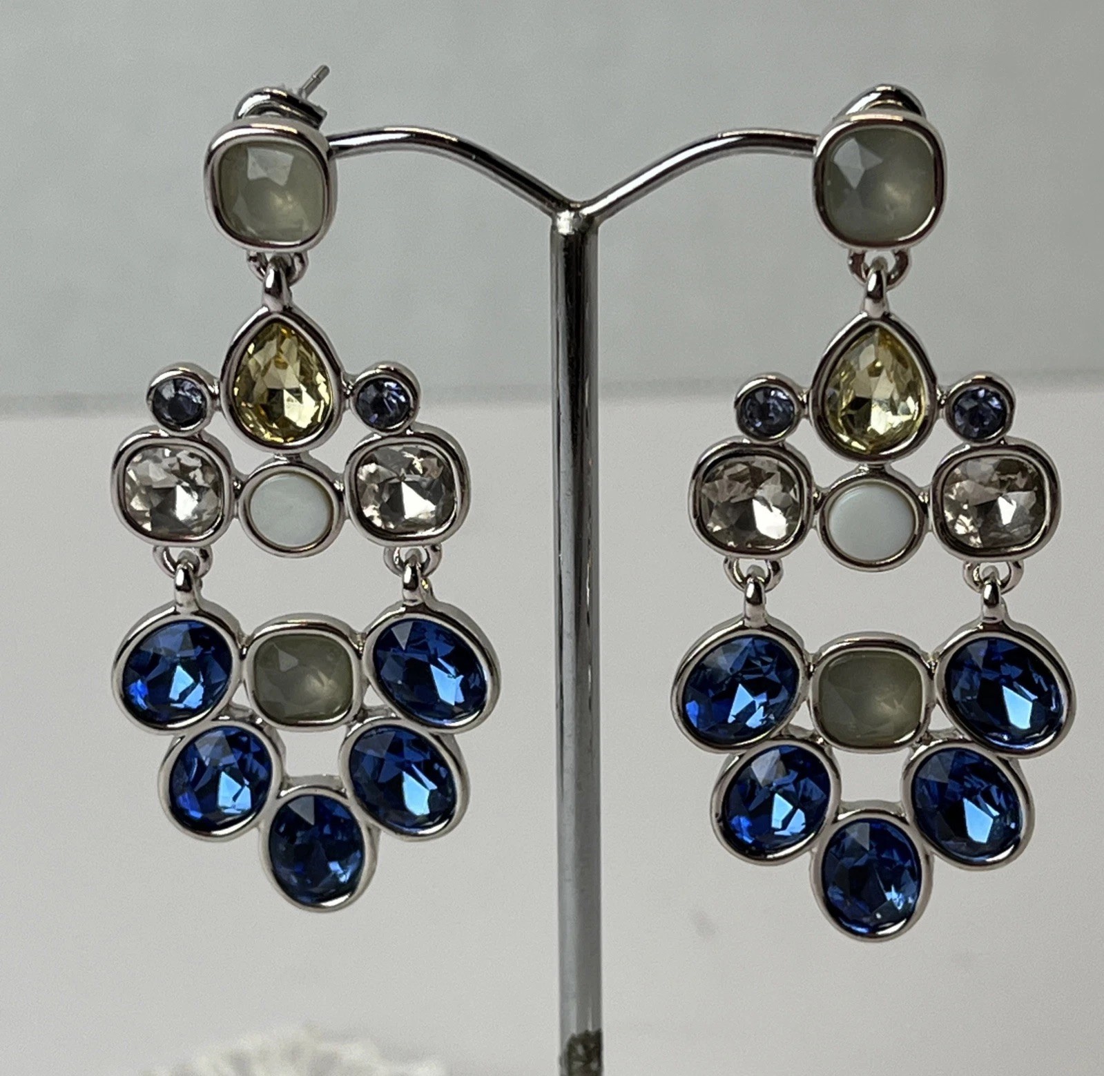 Blue Dangle Drop Pierced Earrings – Glass Stones – 2 1/8” Long -Presidium Tested