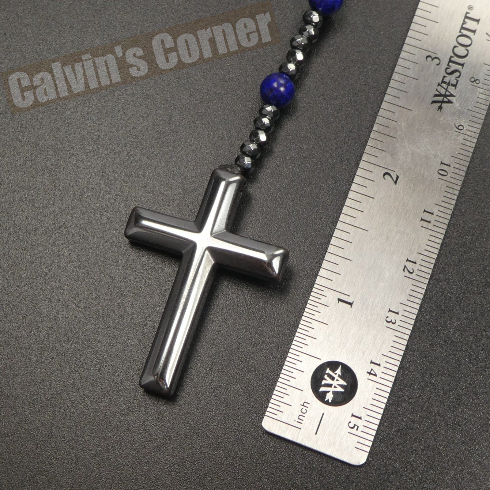 Lapis Lazuli Black Hematite Rosary Necklace Catholic Christ Cross Men Women Gift