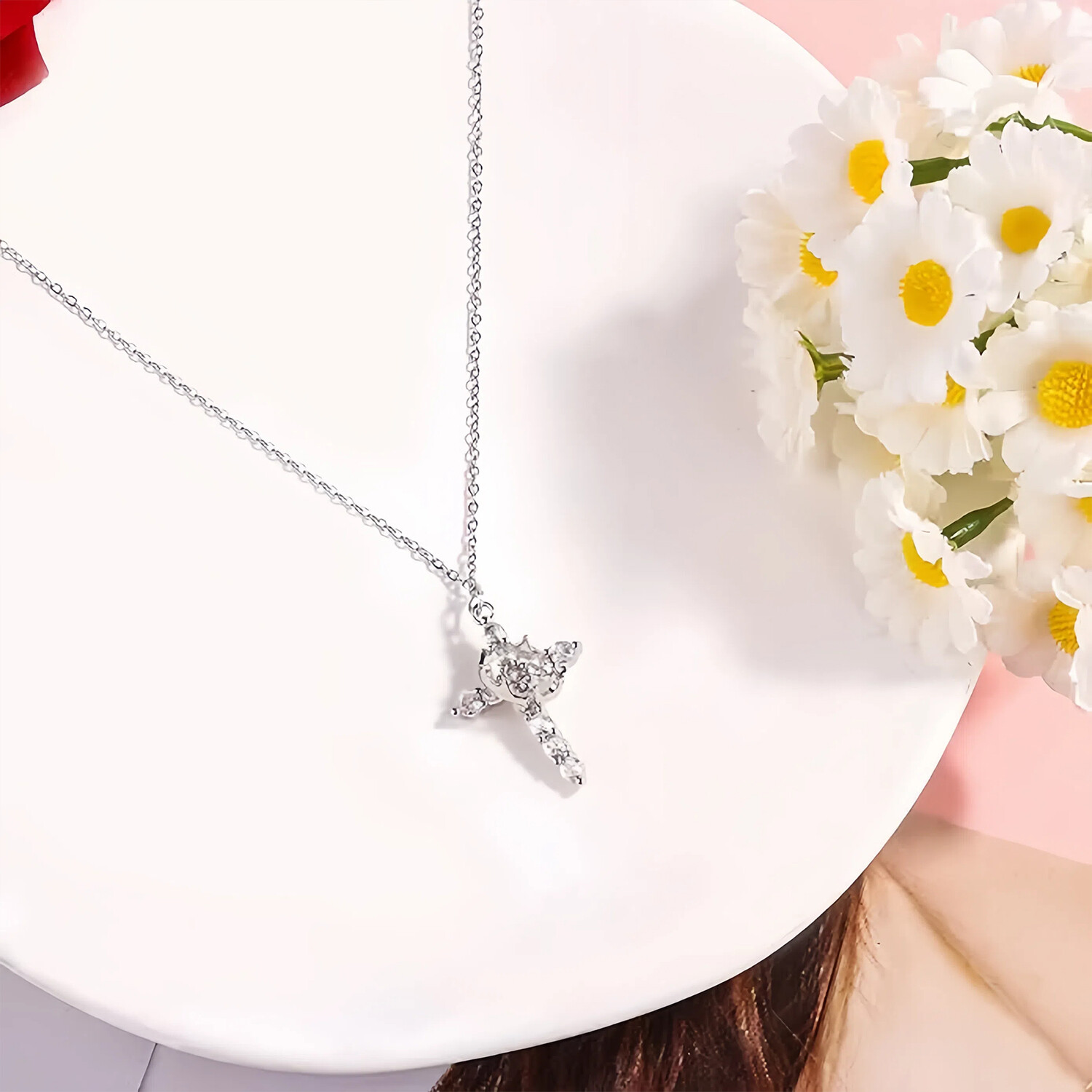 Crown Cross Necklace for Women 18K Gold Plated Crown Cross Pendant Necklace Simp
