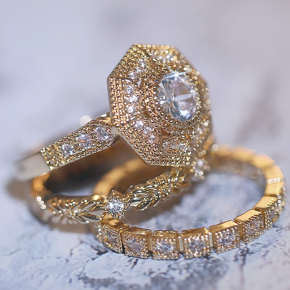 Gold Plated Geometric Vintage Ring Set 2Ct CZ Wedding Trio Set Couple Gifts Band