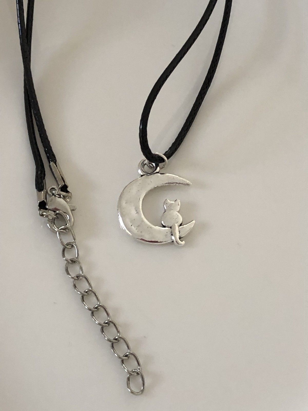 Cat Moon Crescent Genuine Leather Solid Silver Pendant Choker Necklace 45cm+5cm