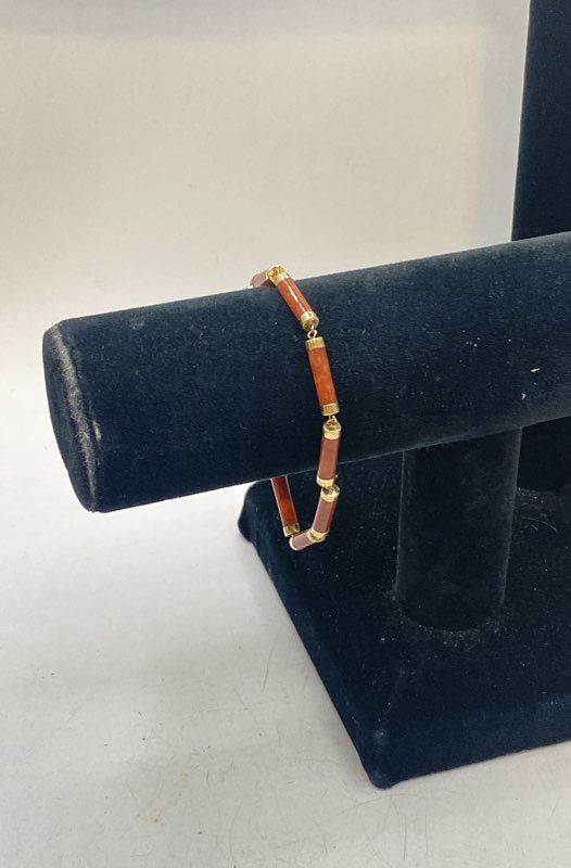 FEB 14K Yellow Gold Red Jadeite Tubular Link Bracelet 7.125″ 6.2g