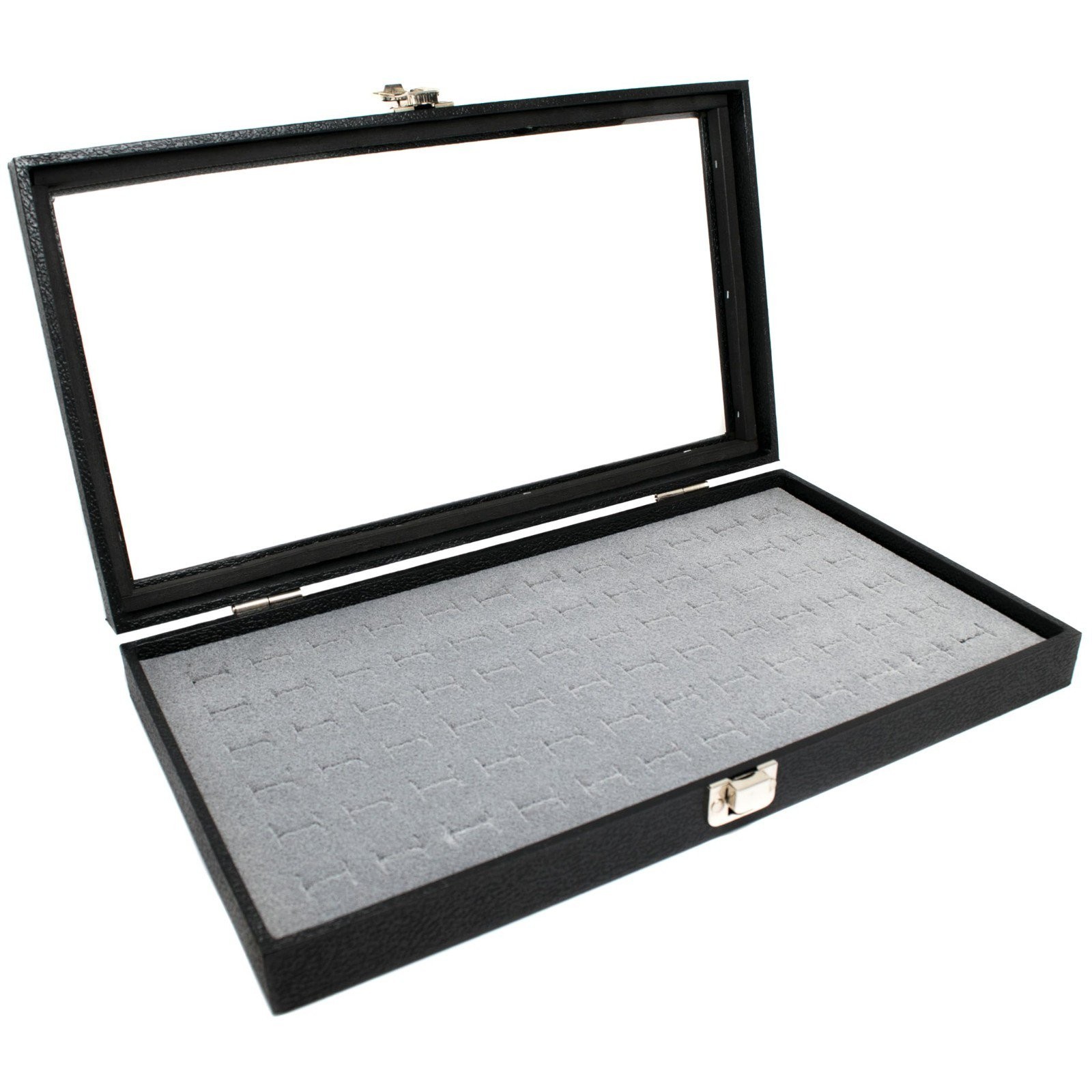 Novel Box Glass Top Black Jewelry Display Case With 36 or 72 Foam Ring Inserts