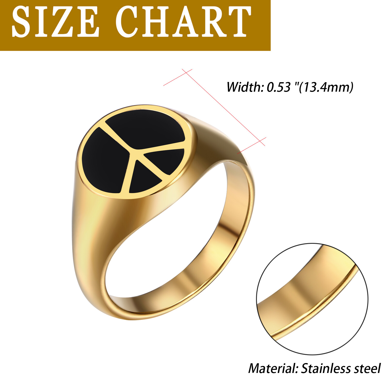 Men Gold Plated Stainless Steel Signet Ring Peace Sign Symbol No War Hippie Band