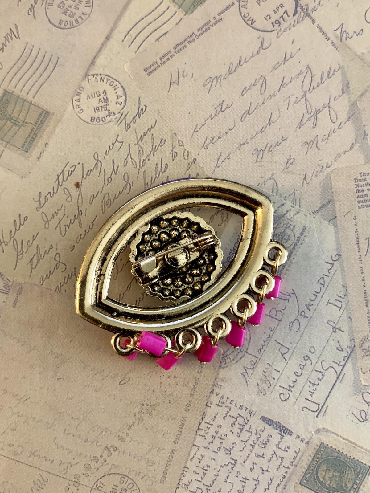 Multi Color Rhinestone Evil Eye Brooch Pink Bead Fringe