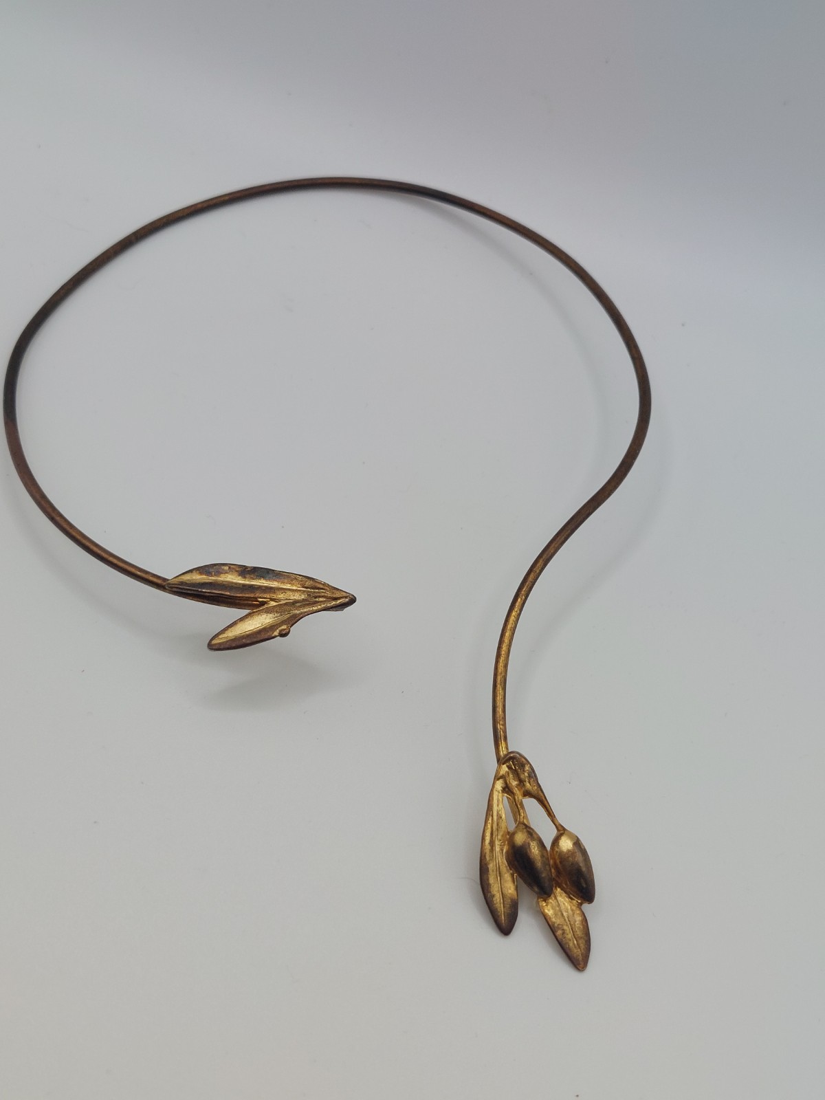 Open Front Gold Torque Collar Necklace Vintage Leaf Earthy Boho Nature Romantic