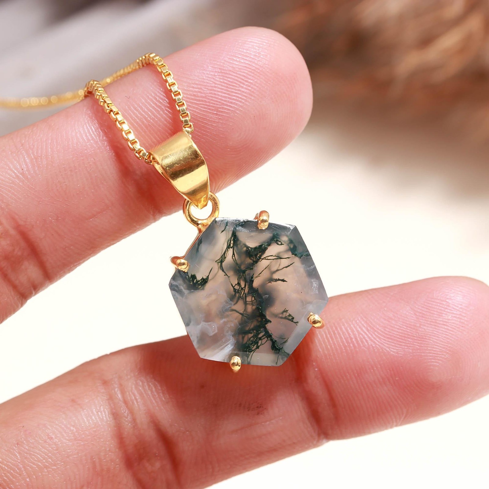 Natural Moss Agate Hexagon Necklace Gold Plated Solid Silver Handmade Jewelry