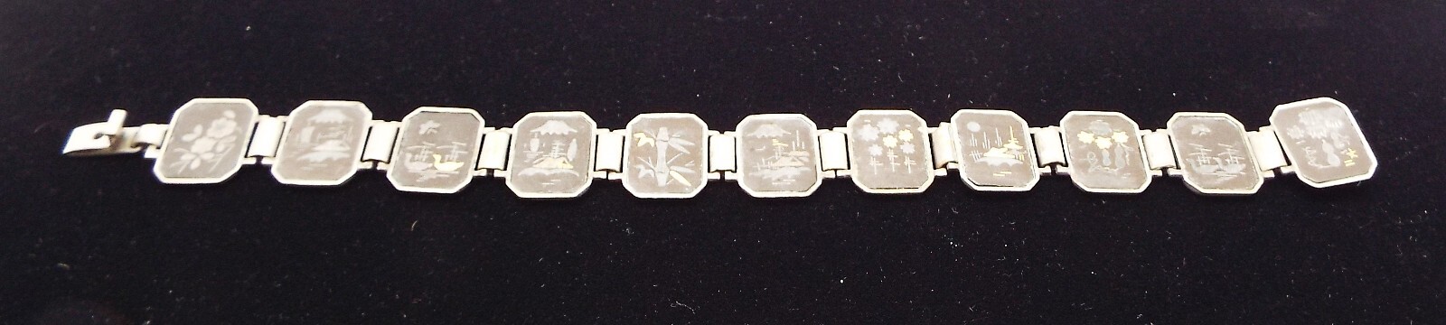 VTG SIGNED JAPAN ORIGINAL DAMASCENE 11 PANEL SIAM LINK BRACELET 24K INLAY