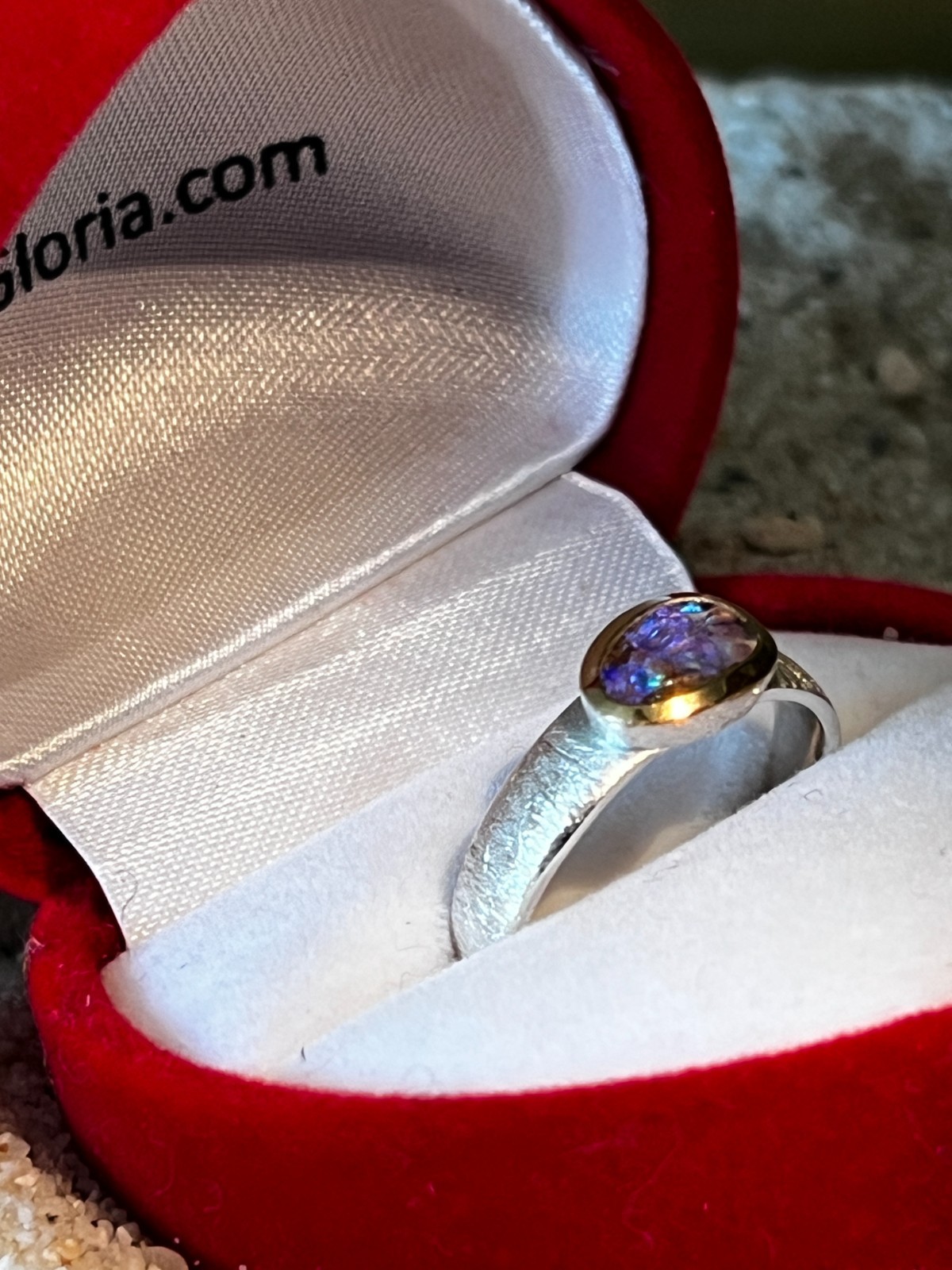 Blue Red Moon Opal 10mm x 7mm Ring in Sterling Silver with Gold Plated Setting