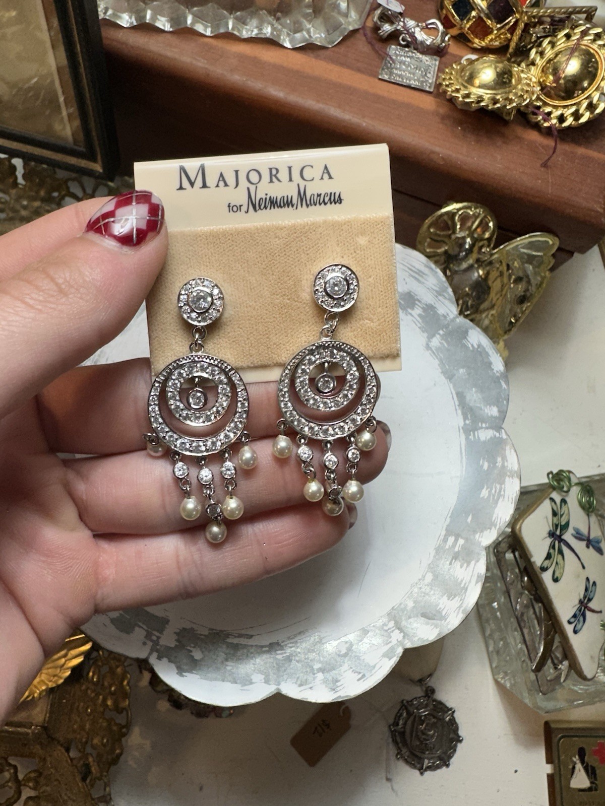 Vintage Majorica Neiman Marcus 925 Sterling Silver CZ Pearl Chandelier Earrings