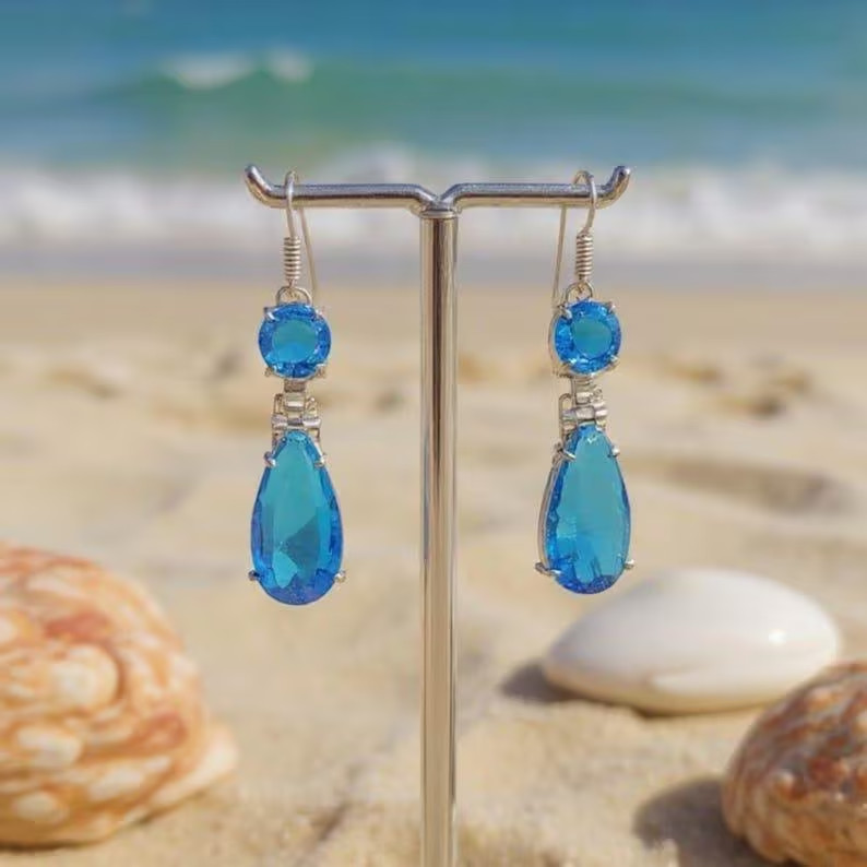 Handmade Sky Blue Crystal Teardrop Earrings Dangle Handmade Jewelry Gift