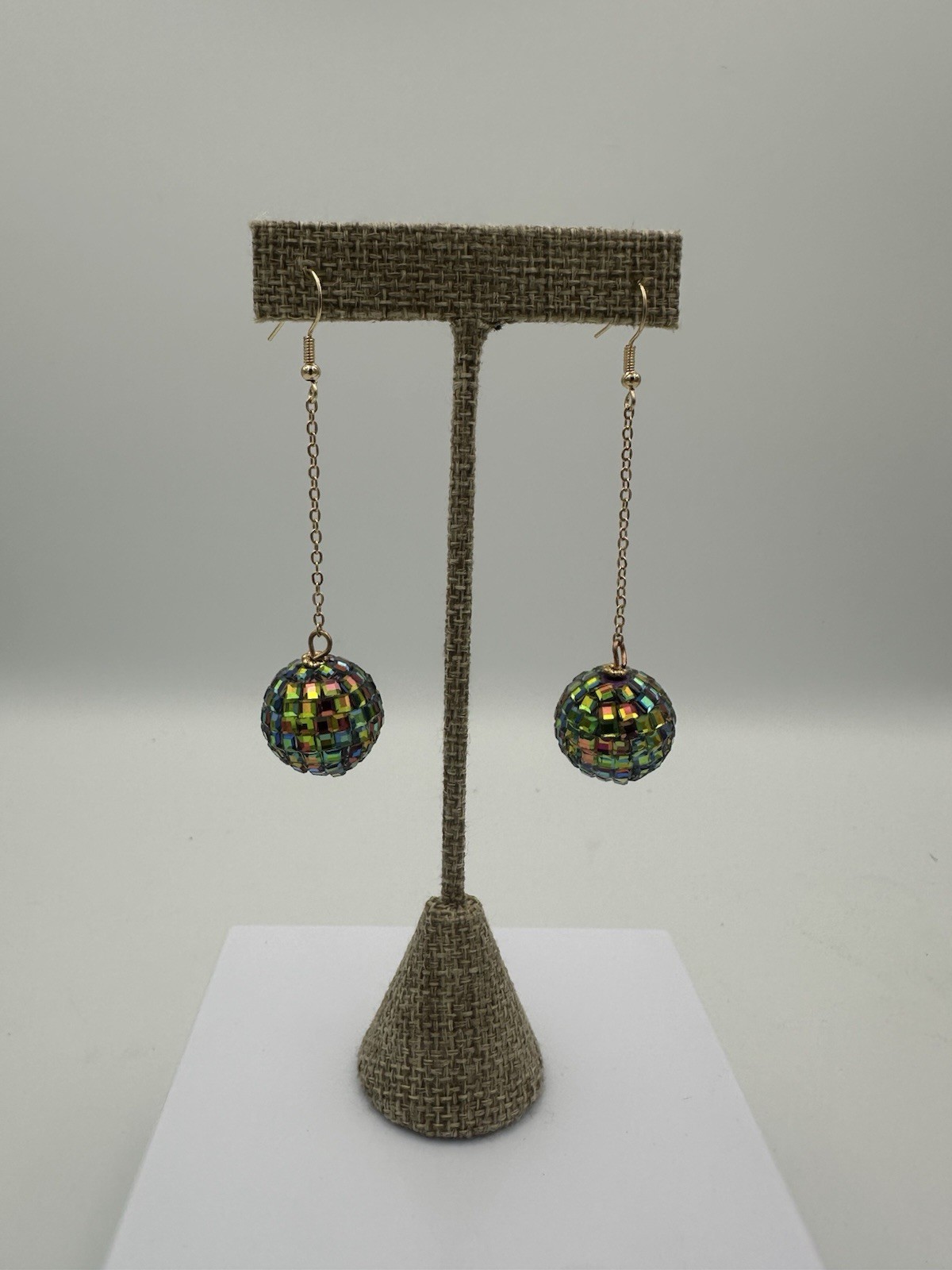 Multicolor Mosaic Disco Ball Triple Drop Dangle Earrings Gold Tone 3.25”