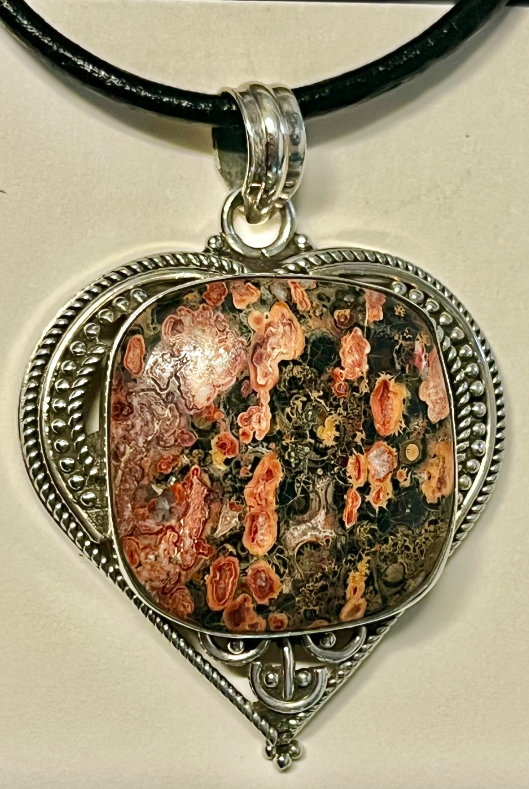 Heart Shaped Leopard Skin Jasper Sterling Silver .925 (Marked) Pendant