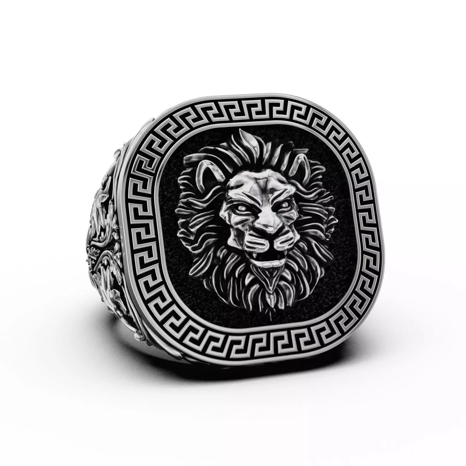 Oxidized Men’s Greek Ornament Pattern Lion 925 Sterling Silver Statement Rings