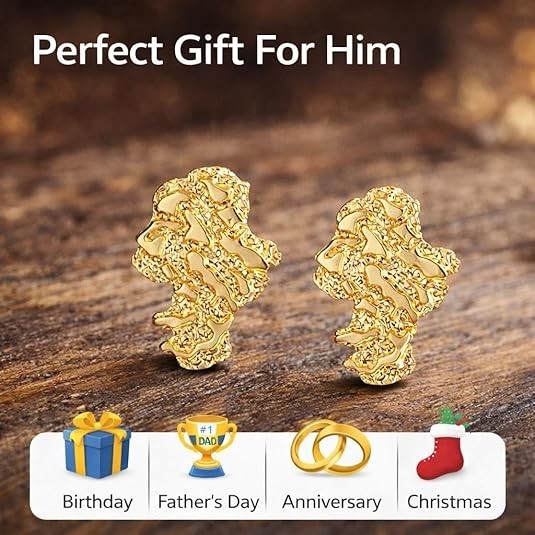 Gold Nugget Earrings Gold Earrings for Men 925 Sterling Silver, 14K Gold Plated