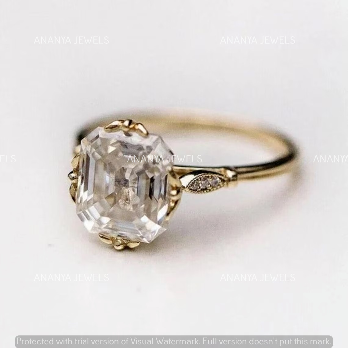 14K Yellow Gold Plated 4ct Asscher Cut Moissanite Engagement Wedding Ring SZ-6.5