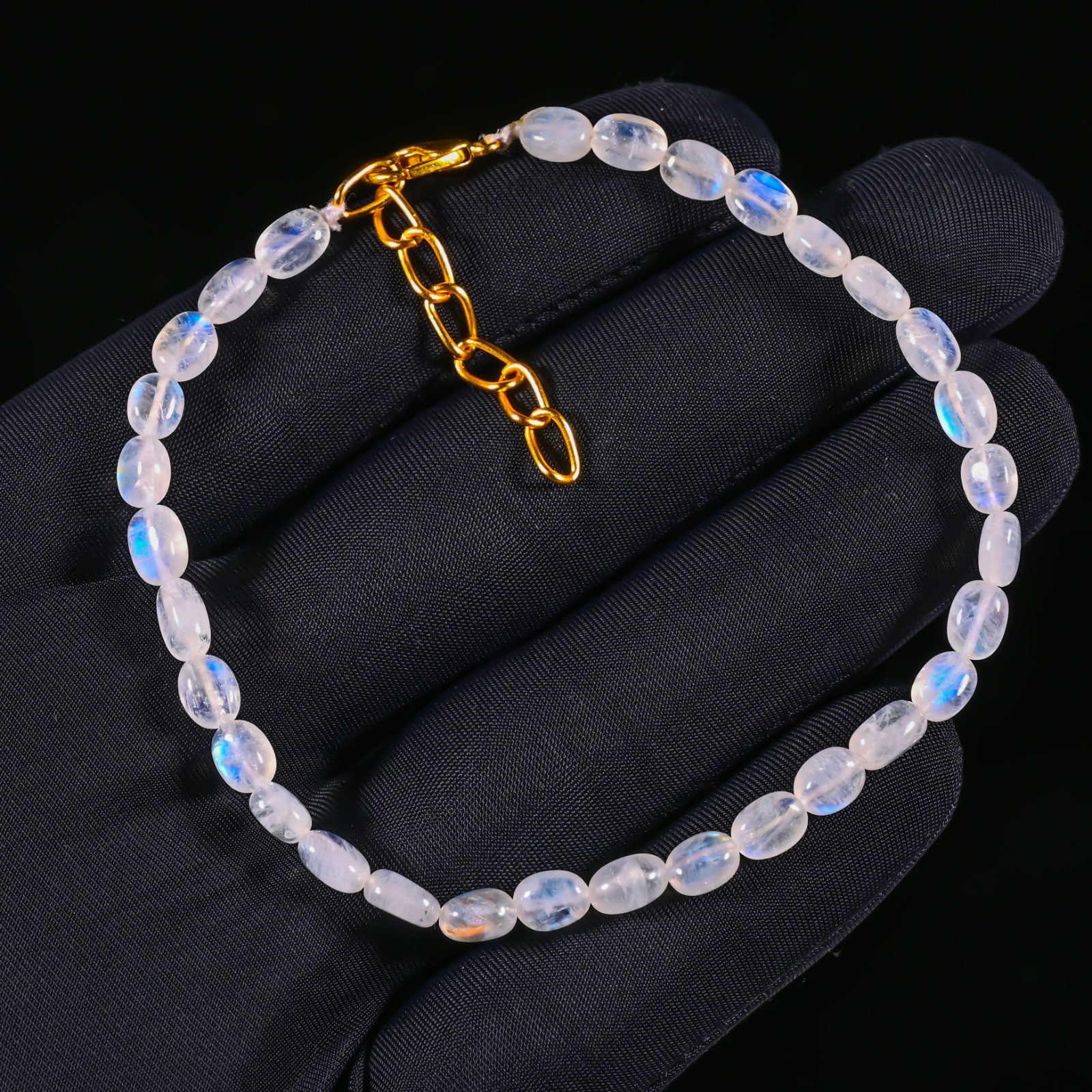 27 Ct. Natural Rainbow Moonstone Briolette Bracelet, Oval Gemstone 6X5X3-6X4X4MM