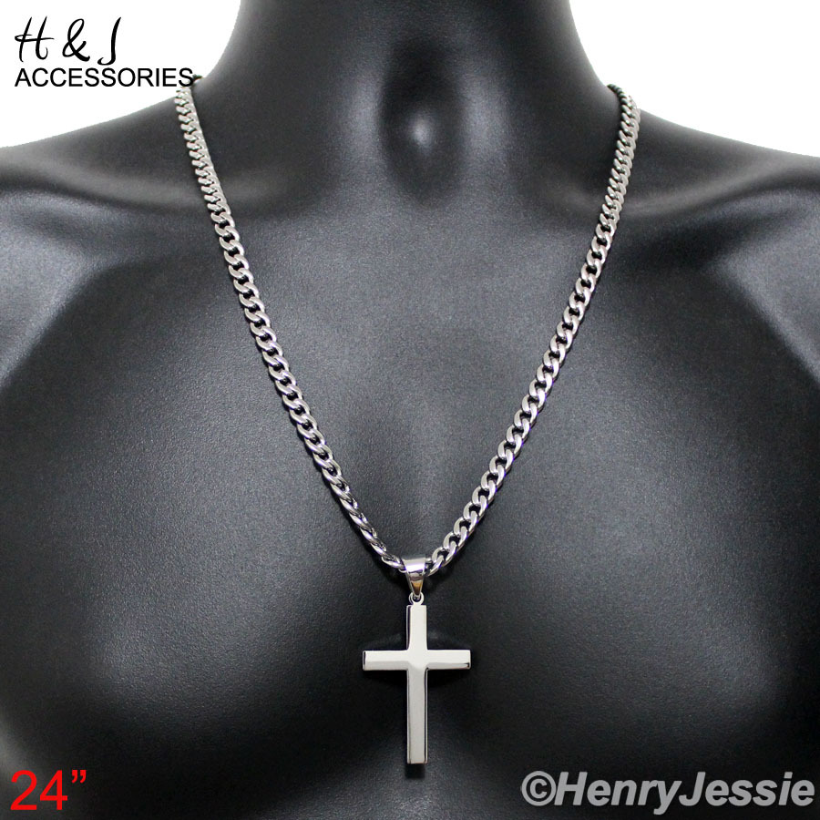 18-40″Stainless Steel 6mm Silver Cuban Curb Chain Simple Plain Cross Pendant*P64