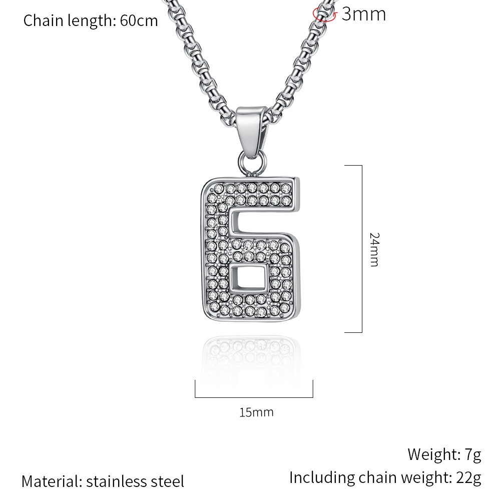 Men Bling Lucky Number Pendant Necklace Stainless Steel Sports Hip Hop Iced out