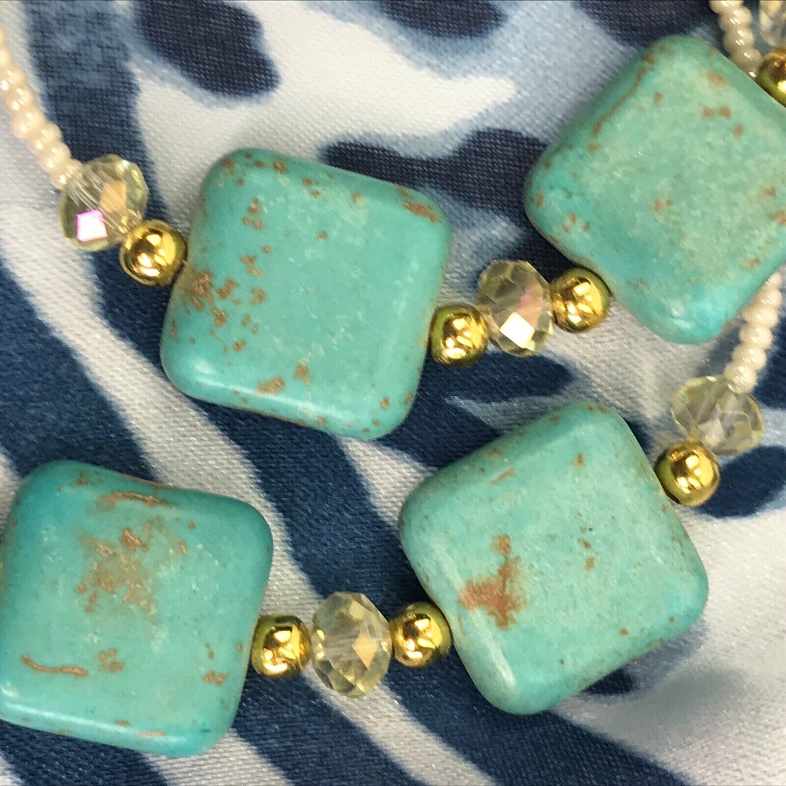 Handmade Necklace Turquoise Magnesite Square Beads, Pale Yellow Glass Gold Tone