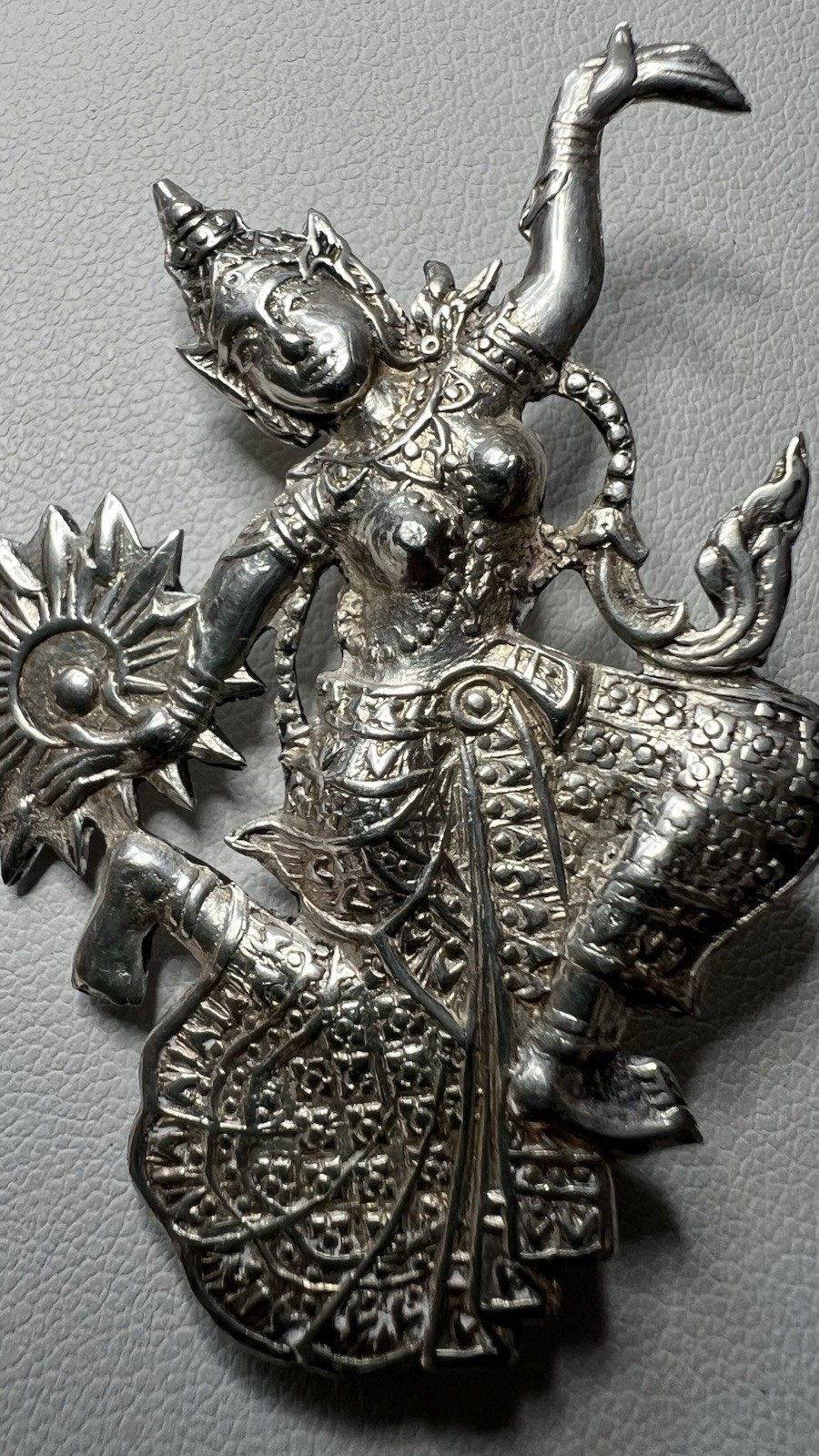 Vintage Siam 925 Sterling Silver Brooch Mekkala Goddess of Lightning Thai Dancer