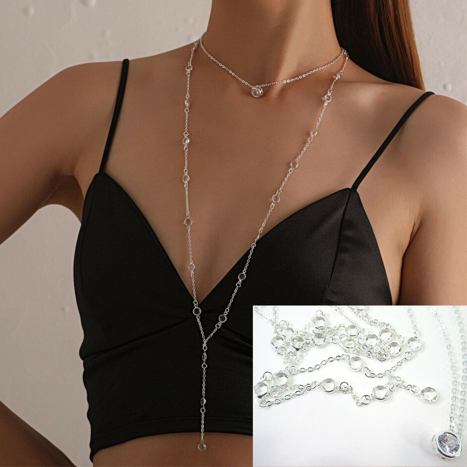 Crystal Silver Necklace Long Lariat Choker 2 Layer Y Drop Chain Stations Sparkle