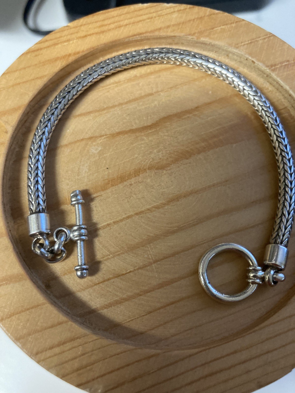 Vintage 925 sterling silver woven wheat link toggle clasp chain bracelet