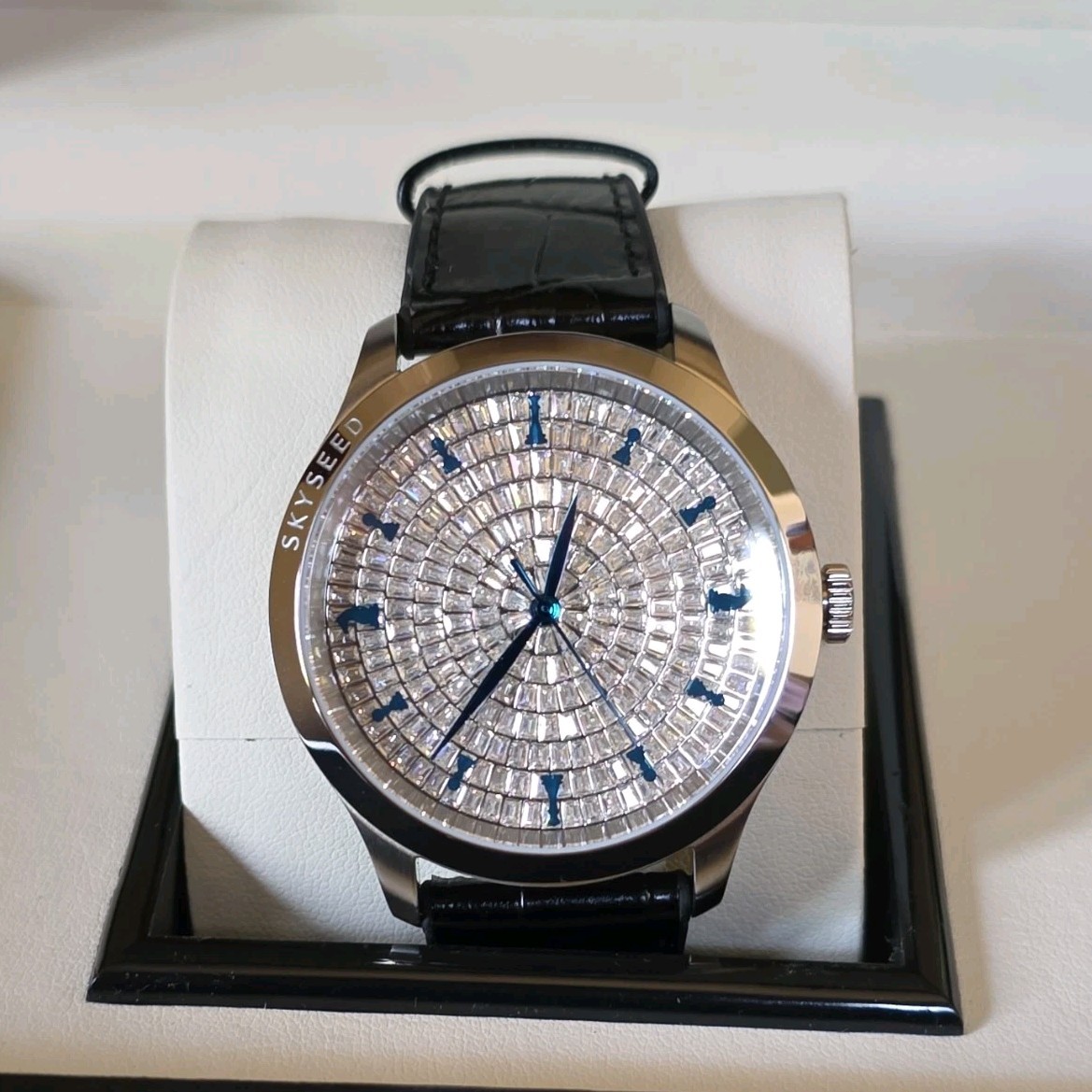 SKYSEED Diamond Pattern Silver Dial Automatic Men’s Luxury Watch Black Leather