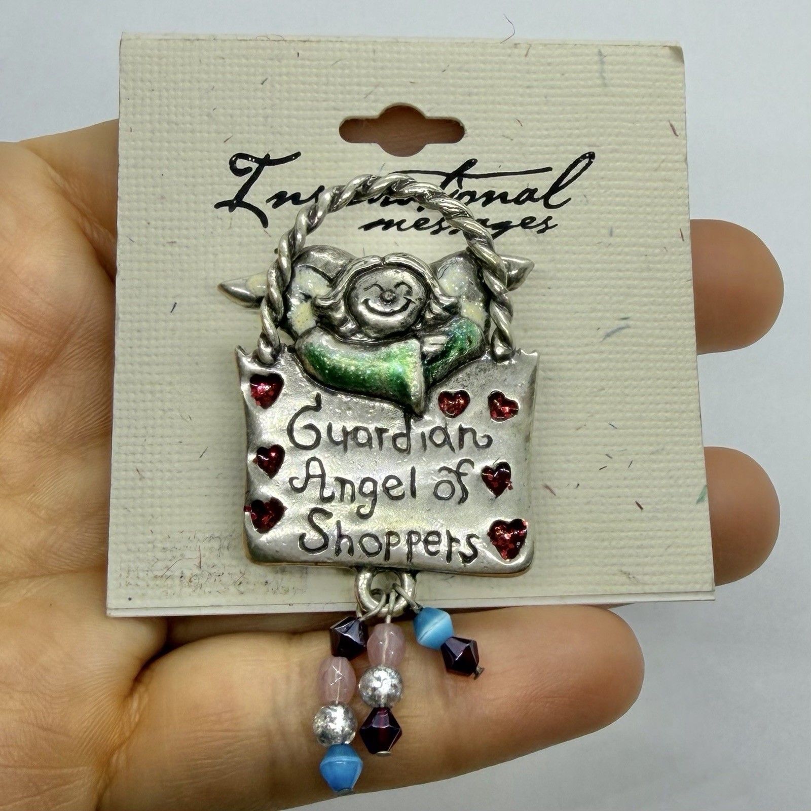 Vtg Signed 90’s Hearts Guardian Angel Shopping Brooch Dangle Glass Bead AJMC NEW