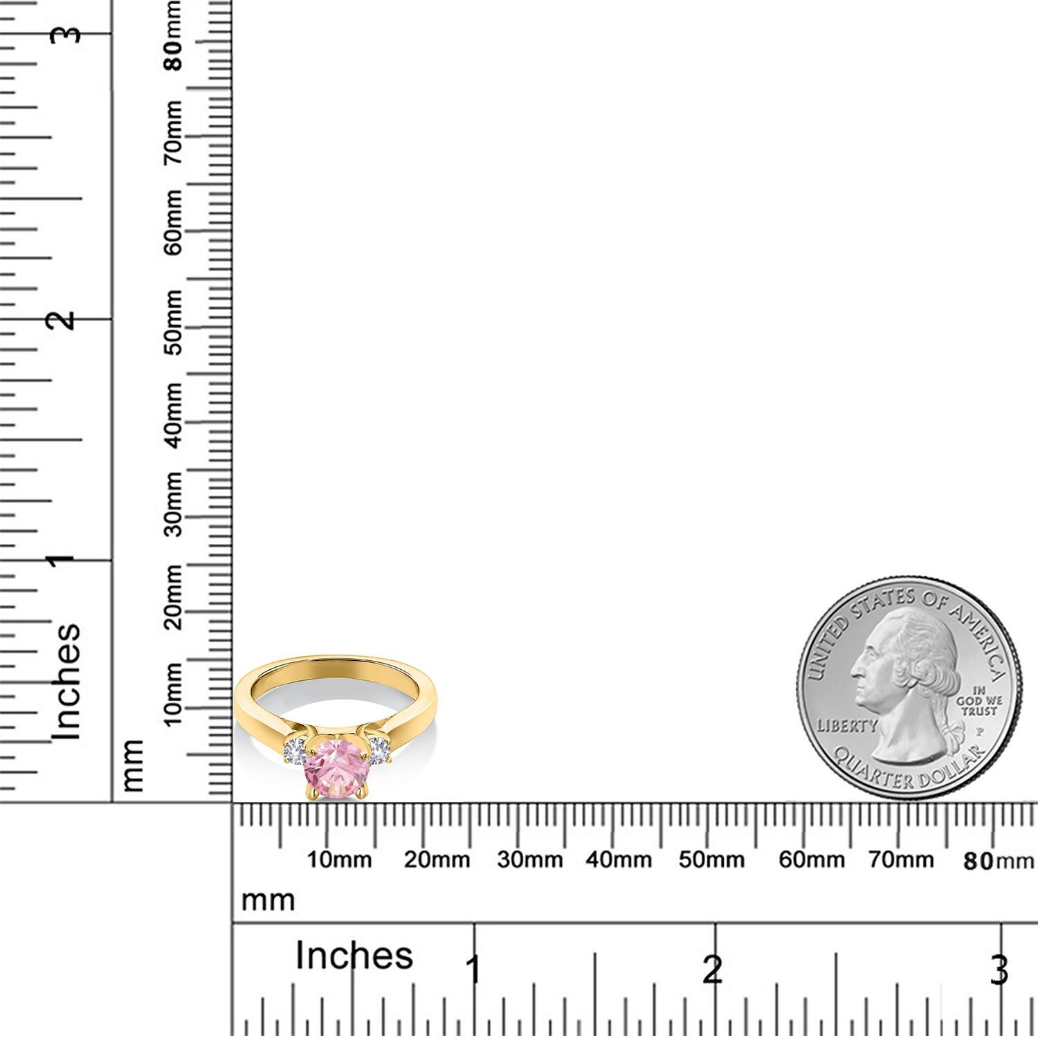 18K Yellow Gold Plated Silver Pink Zirconia and White Created Sapphire 3-Stone