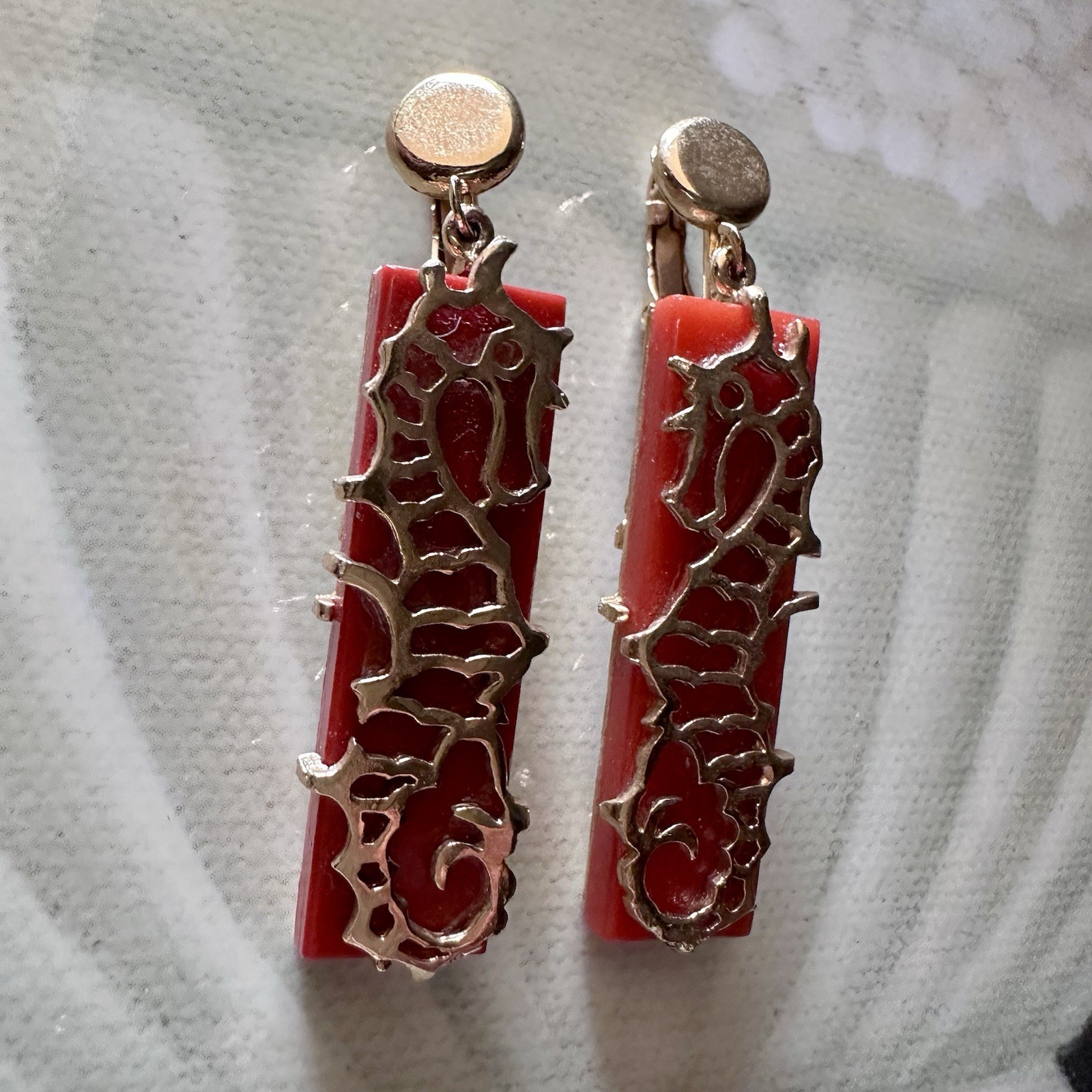 Rare Signed Boucher Seahorse Clip Earrings Red Glass Gold Tone Nautical VTG