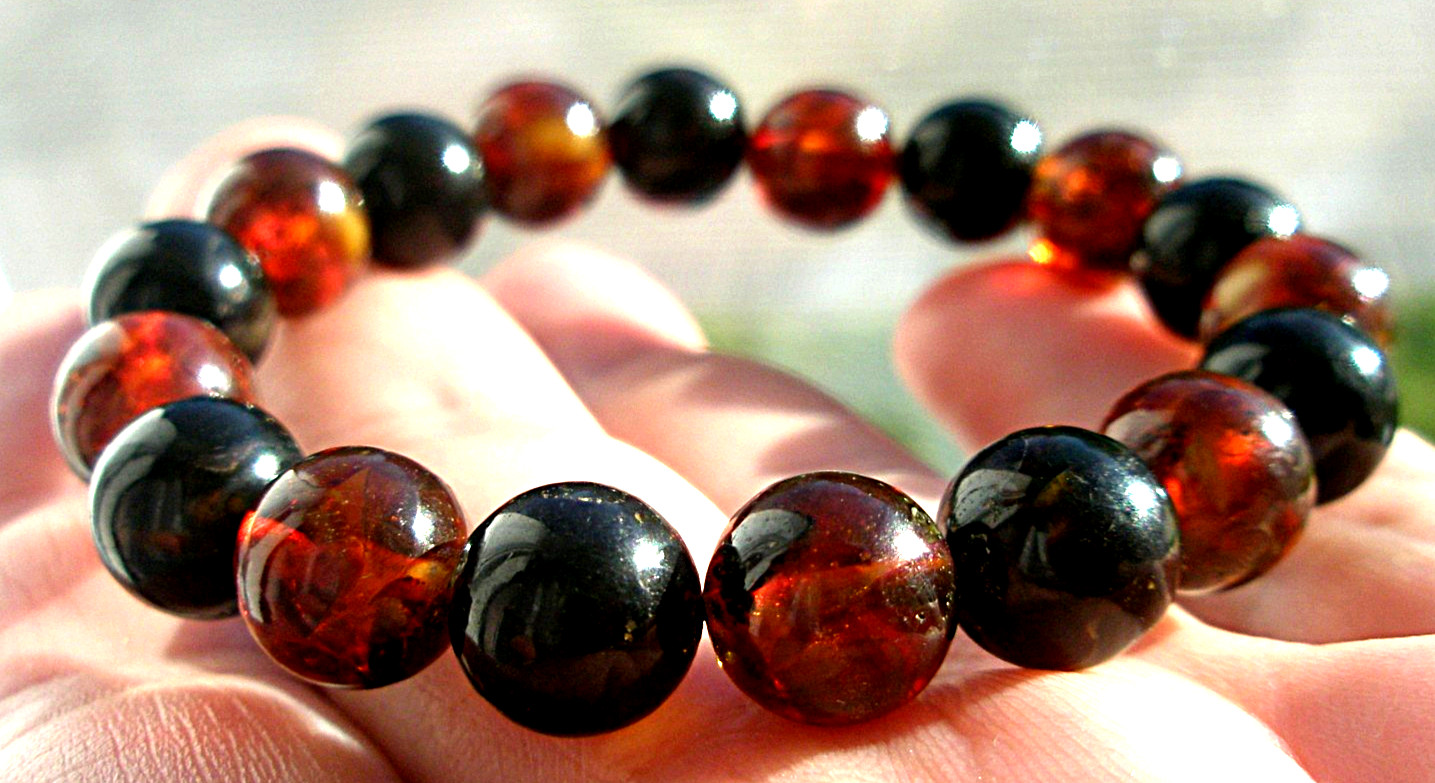 Real Baltic Amber Boho Round Beads 9 mm, Bracelet 16 cm 6.3”, Red Cherry, Black