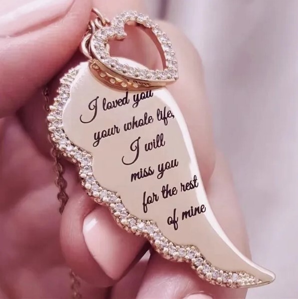 Rose Gold Angel Wings Love Letter Necklace with Heart Charm – Pink