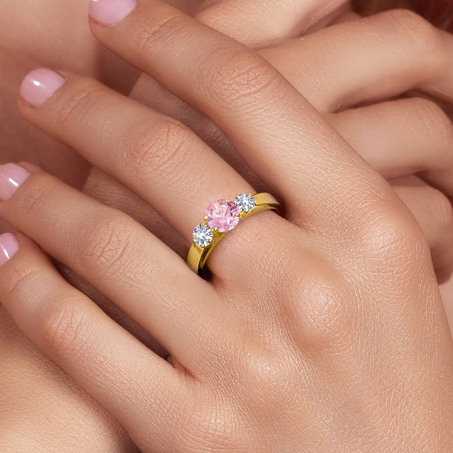 18K Yellow Gold Plated Silver Pink Zirconia and White Created Sapphire 3-Stone